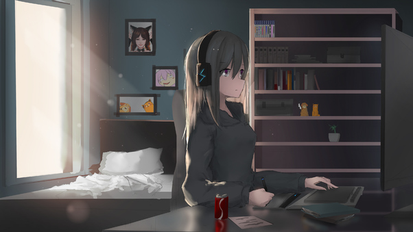 Anime Girl Headphones Working 4k Wallpaper