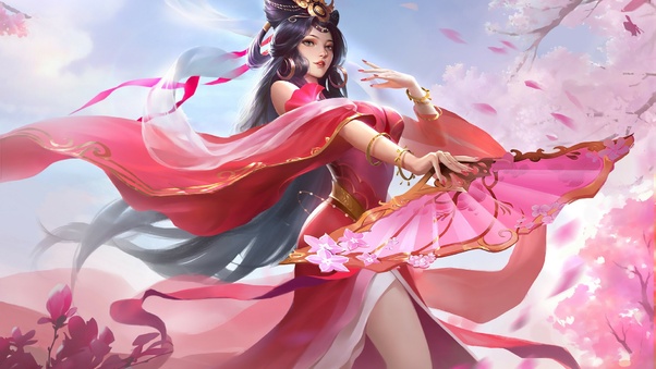 Anime Girl In Chinese Pink Dress Dancing Wallpaper