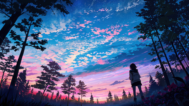 Anime Girl In Outdoor Woods Wallpaper