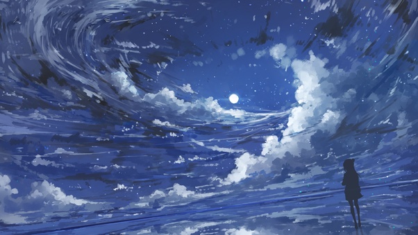 Anime Girl Night Moon Digital Art Wallpaper