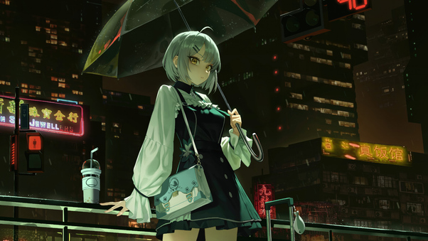 Anime Girl Night Stroll With Umbrella Wallpaper
