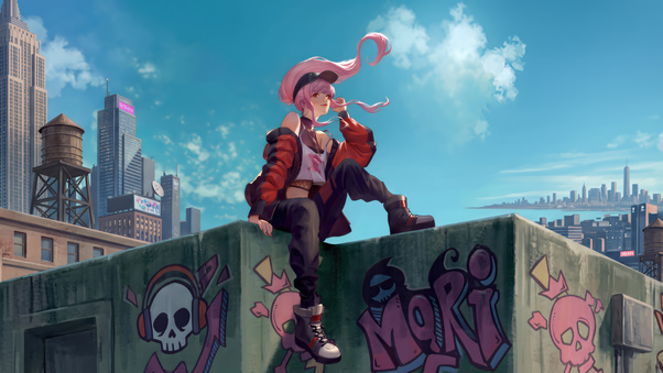 Anime Girl On City Rooftop (1152x864) Resolution Wallpaper