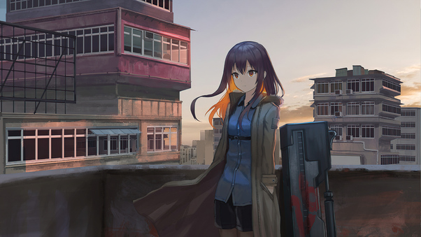 Anime Girl On Rooftop Wallpaper