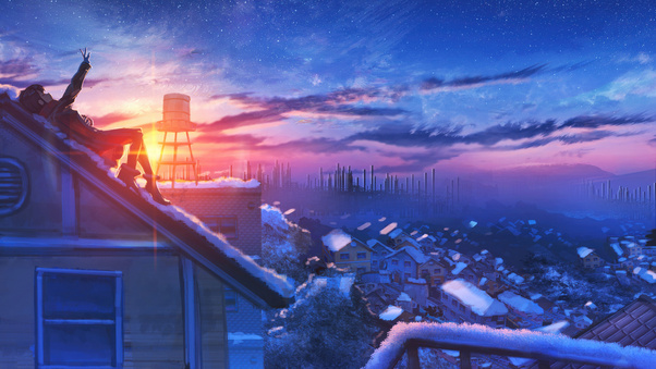 Anime Girl On Snowy Roof At Sunset (1280x720) Resolution Wallpaper