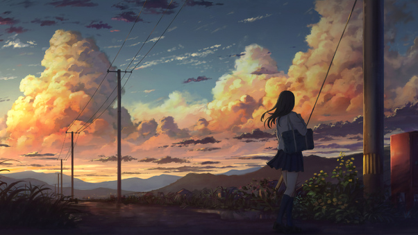 Anime Girl Outside Power Lines Clouds 4k Wallpaper