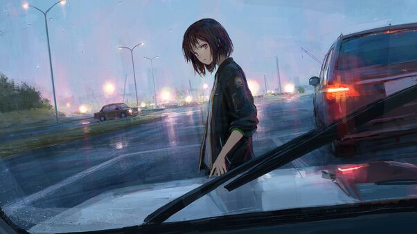 Anime Girl Passing By Looking At Car Driver Wallpaper
