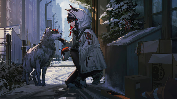 Anime Girl Petting Dog Wallpaper