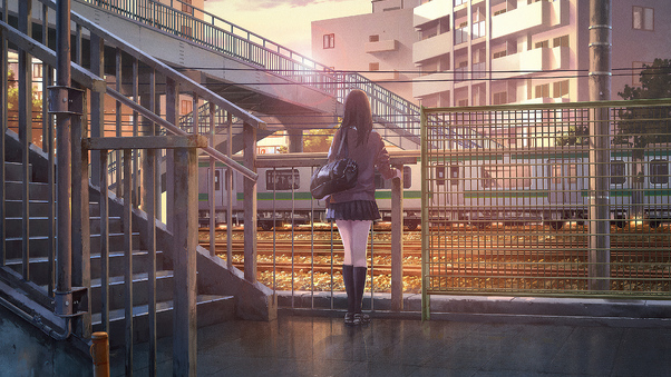 Anime Girl Platform Watching Train 4k Wallpaper