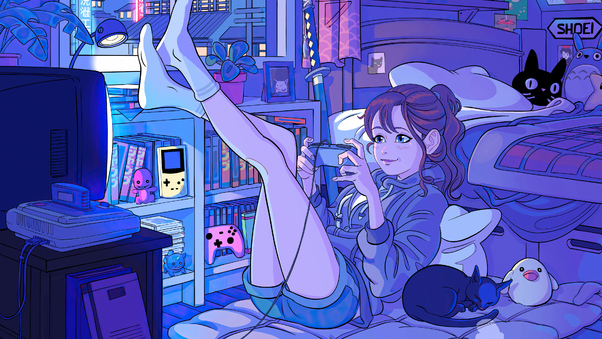 Anime Girl Playing Games In Her Room Wallpaper