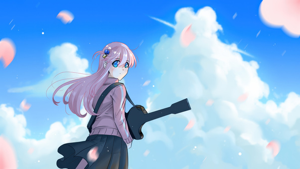 Anime Girl Playing Guitar Under Blue Sky Wallpaper