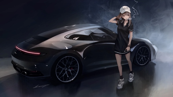 Anime Girl Porsche Smoking 4k Wallpaper