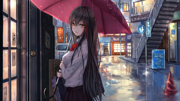 Anime Girl Rain Umbrella Looking At Viewer Wallpaper