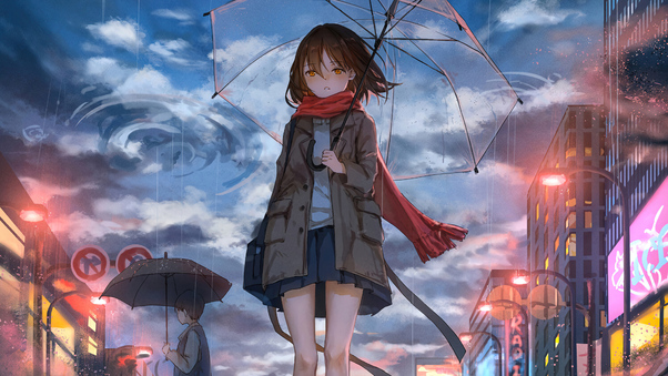 Anime Girl Rain Umbrella Wind 5k Wallpaper