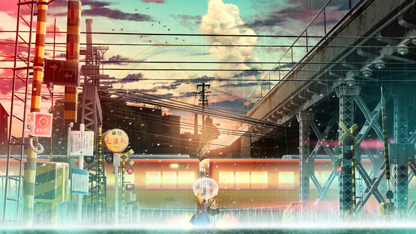 Anime Girl Raining Train Lines Wallpaper