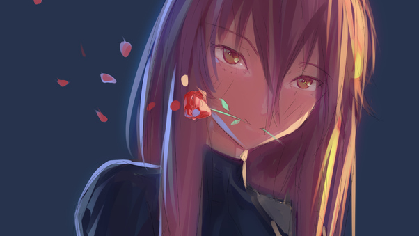 Anime Girl Rose In Mouth Wallpaper