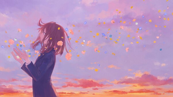 Anime Girl School Uniform Flowers Clouds 8k Wallpaper