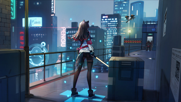 Anime Girl Scifi City Roof With Weapon Wallpaper