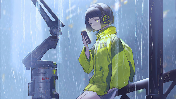 Anime Girl Scifi Umbrella Rain 4k Wallpaper