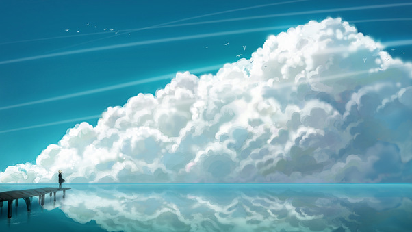 Anime Girl Sea Sky Clouds Landscape Art 4k Wallpaper