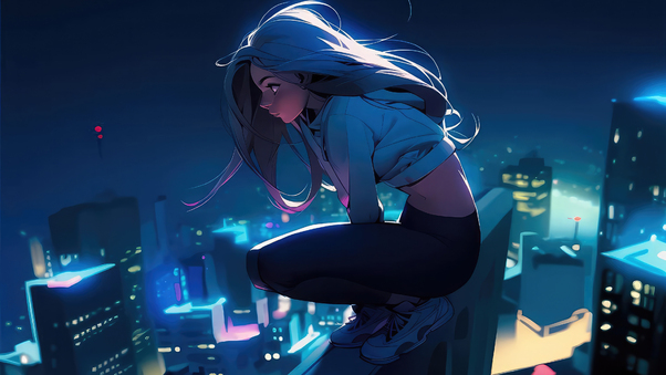 Anime Girl Sitting Above The Building Wallpaper