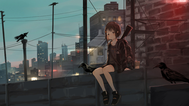 Anime Girl Sitting Alone Roof Sad 4k Wallpaper