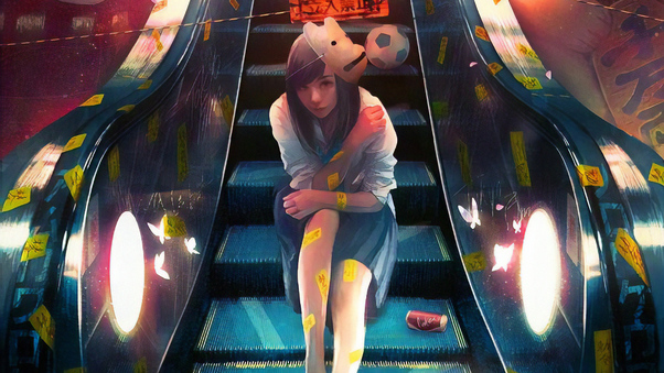 Anime Girl Sitting On Escalator Wallpaper