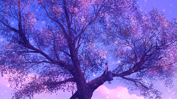 Anime Girl Sitting On Purple Big Tree 4k Wallpaper