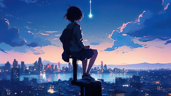 Anime Girl Sitting On The Top And Watching The City Site Wallpaper,HD ...