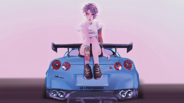 Anime Girl Sitting On Trunk Of Nissan Gtr Wallpaper