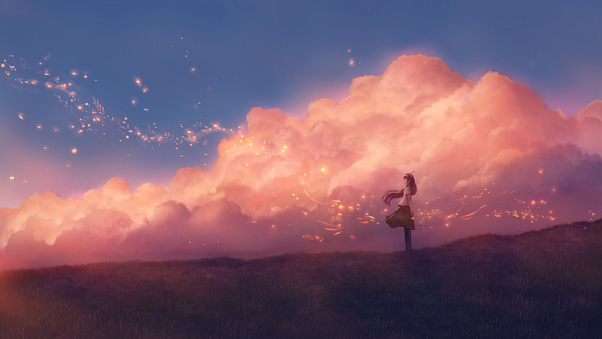 Anime Girl Sky Clouds Wallpaper