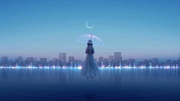 Anime Girl Umbrella City 8k Wallpaper