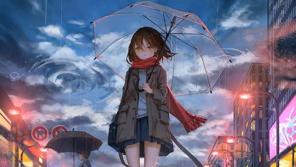 Anime Girl Walking In Rain With Umbrella 4k Wallpaper