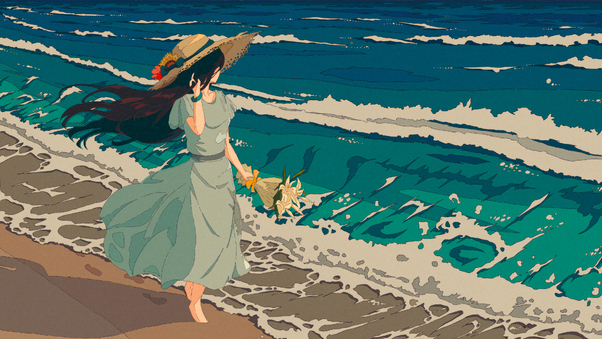 Anime Girl Walking On Beach Hair Blowing In Wind Wallpaper