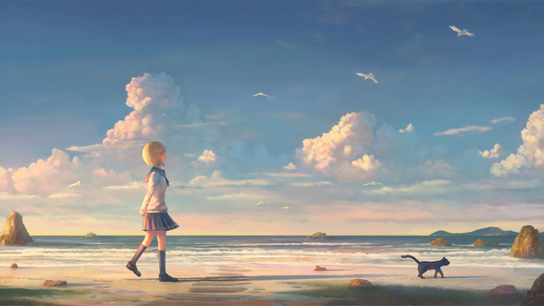 Anime Girl Walking On Beach With Cat Wallpaper