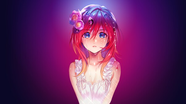 Anime Girl Water Drops Red Head Blue Eyes Wallpaper