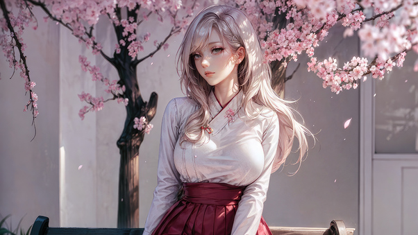 Anime Girl White Hairs Sitting On Bench Wallpaper