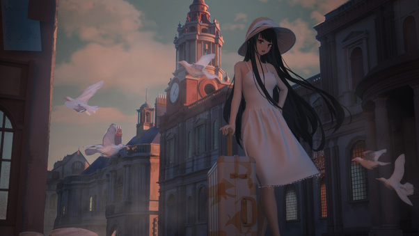 Anime Girl With A Stylish Suitcase Cap Strolls Down The Bustling Street Wallpaper