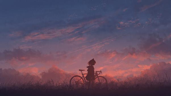 Anime Girl With Bicycle Silhouette At Dramatic Dusk Sky (1280x720) Resolution Wallpaper