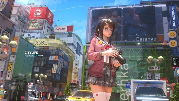 Anime Girl With Camera City Life 4k Wallpaper
