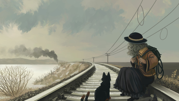 Anime Girl With Cat On Railroad Wallpaper