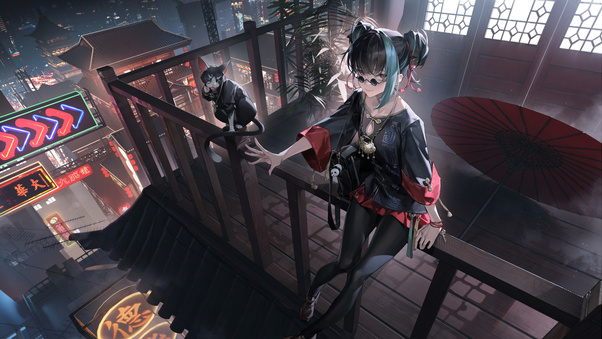 Anime Girl With Cat On Rooftop Balcony (1280x720) Resolution Wallpaper