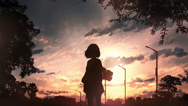 Anime Girl With Flowers Looking Towards Sunset Wallpaper