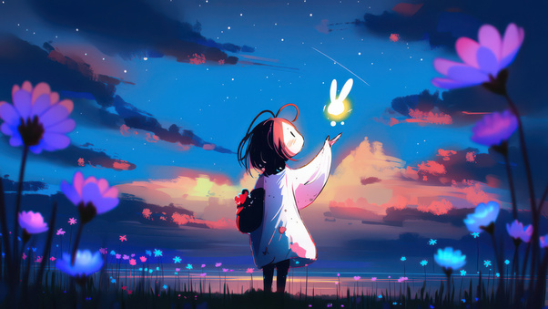 Anime Girl With Glowing Bunny In Flower Field (1920x1080) Resolution Wallpaper