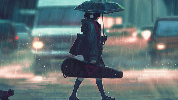 Anime Girl With Guitar Passing Street Wallpaper