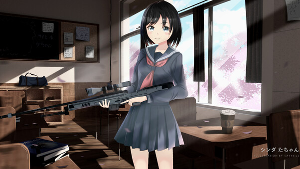 Anime Girl With Gun In School Wallpaper