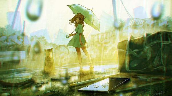 Anime Girl With Umbrella In Rain Wallpaper