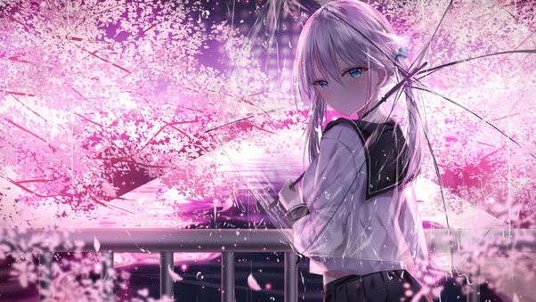 Anime Girl With Umbrella Outdoors Looking Back 5k Wallpaper