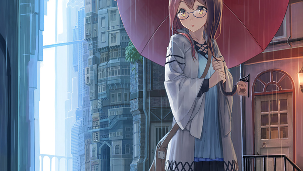 Anime Girl Yellow Eyes Rain Umbrella 4k Wallpaper