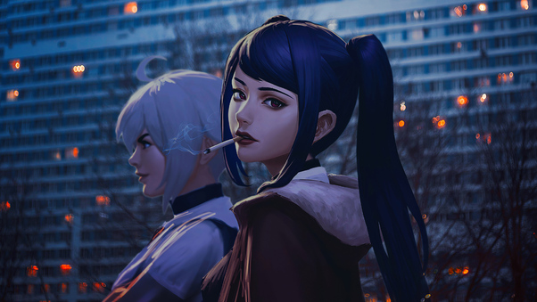 Anime Girls Cigarettes Evening 4k Wallpaper