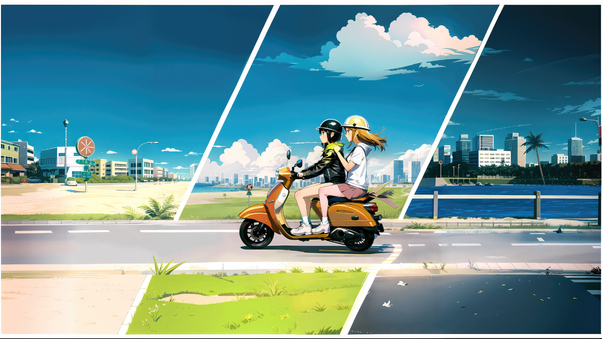 Anime Girls Exploring On Scooters Wallpaper
